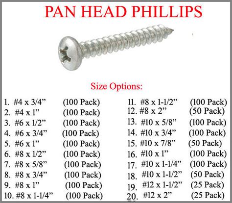 truss head screw size chart